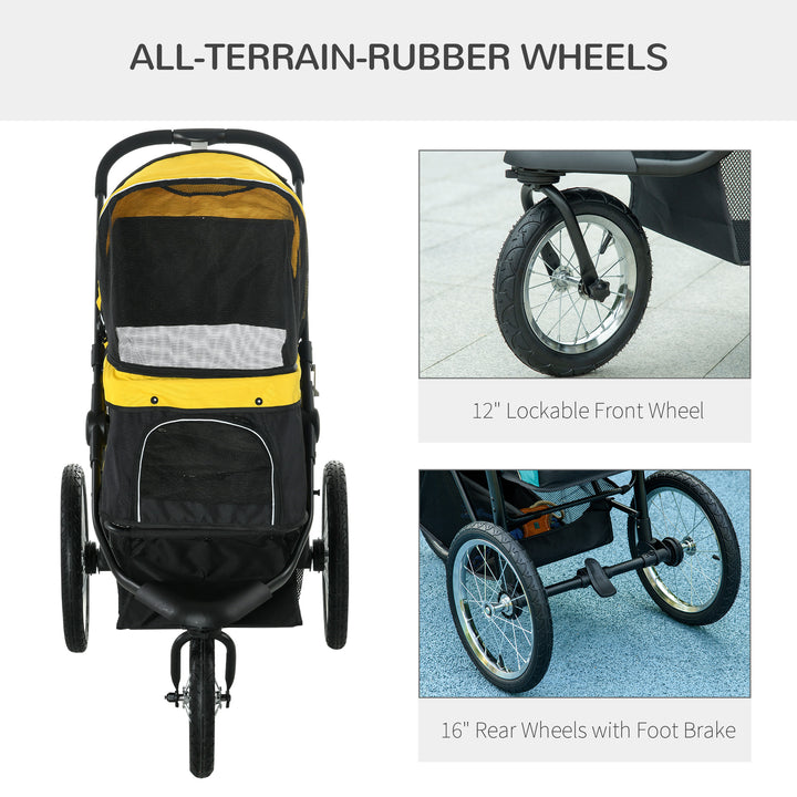 PawHut Pet Stroller Jogger for Medium, Small Dogs, Foldable Cat Pram Dog Pushchair w/ Adjustable Canopy, 3 Big Wheels