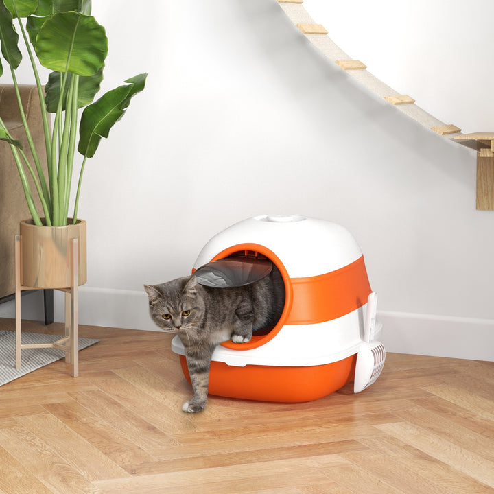 PawHut Foldable Cat Litter Tray with Lid, Deodorant, Scoop, Orange | Aosom UK