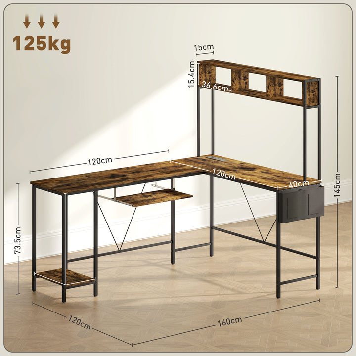 160cm Reversible L Shaped Desk with Power Outlet, Industrial Corner Desk with Storage Shelves and Keyboard Tray, 240cm Long Computer Desk for 2 Person, Rustic Brown