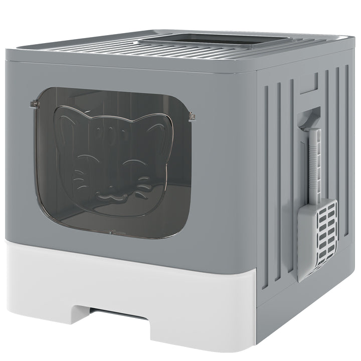 Foldable Cat Litter Box with Lid, Slide-Out Drawer, Scoop, Easy Clean, Odour Control, Anti-Splashing