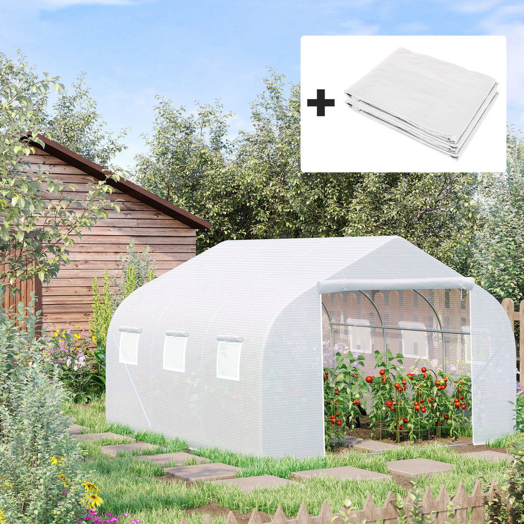 Outsunny Walk-In Tunnel Greenhouse with Replacement Cover, Outdoor Growhouse with PE Cover, Roll Up Door and 6 Windows, 4.5x3x2m, White | Aosom UK