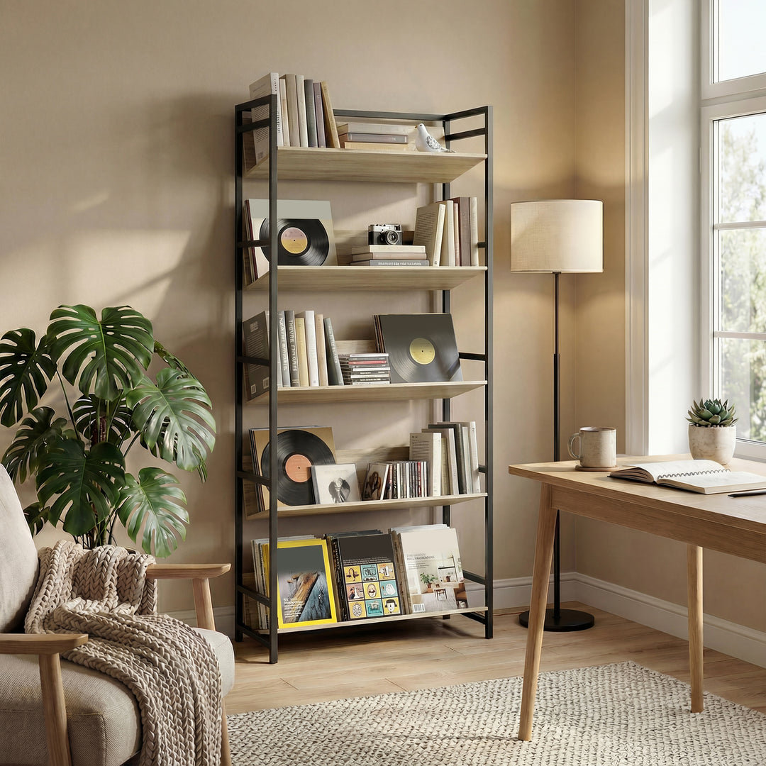 Bookshelf 5-Tier Metal Frame Bookcase Storage Shelves for Living Room 