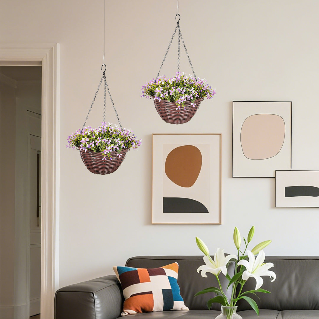 Artificial Flowers in Basket Set of 2, Artificial Hanging Baskets with 75 Leaves and 15 Flowers in Pot, Decorative Plant for Home Office Decor, Purple