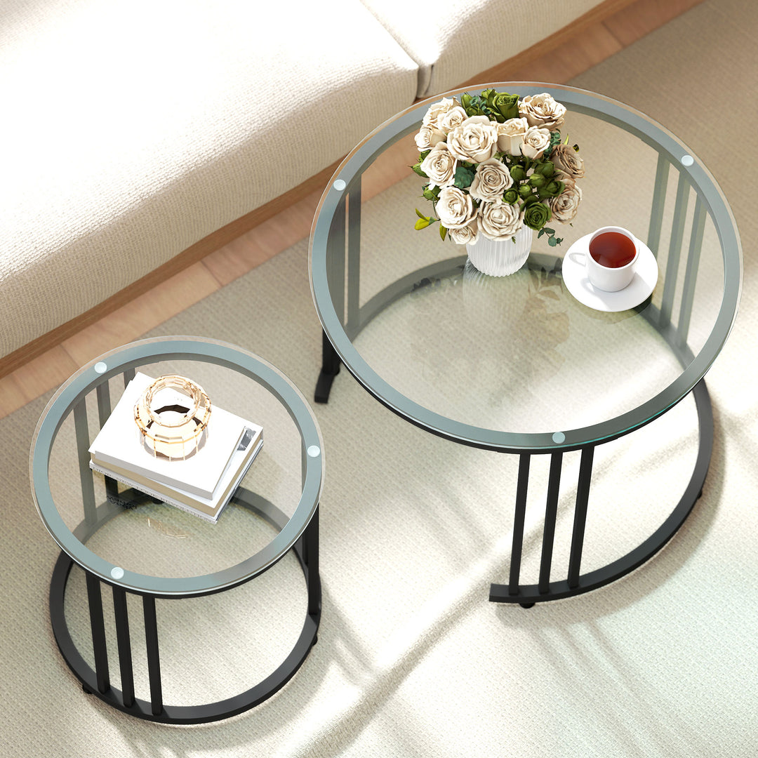 Round Coffee Tables Set of 2, Nesting Tables with Tempered Glass Top a
