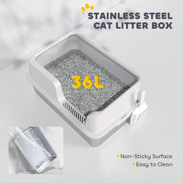 Stainless Steel Litter Box with Detachable Rim, Scoop, Easy Cleaning, Odour-Resistant, 60 x 40 x 28 cm