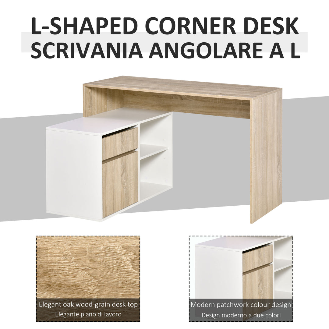 HOMCOM L-Shaped Corner Computer Desk, Oak and White Study Table with Storage Shelf, Drawer for Home Office | Aosom UK