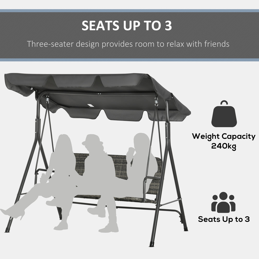 3-Seater Outdoor PE Rattan Swing Chair, Patio Wicker Hanging Swing Bench with Steel Frame Stand & Adjustable Canopy, Grey