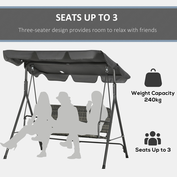 3-Seater Outdoor PE Rattan Swing Chair, Patio Wicker Hanging Swing Bench with Steel Frame Stand & Adjustable Canopy, Grey