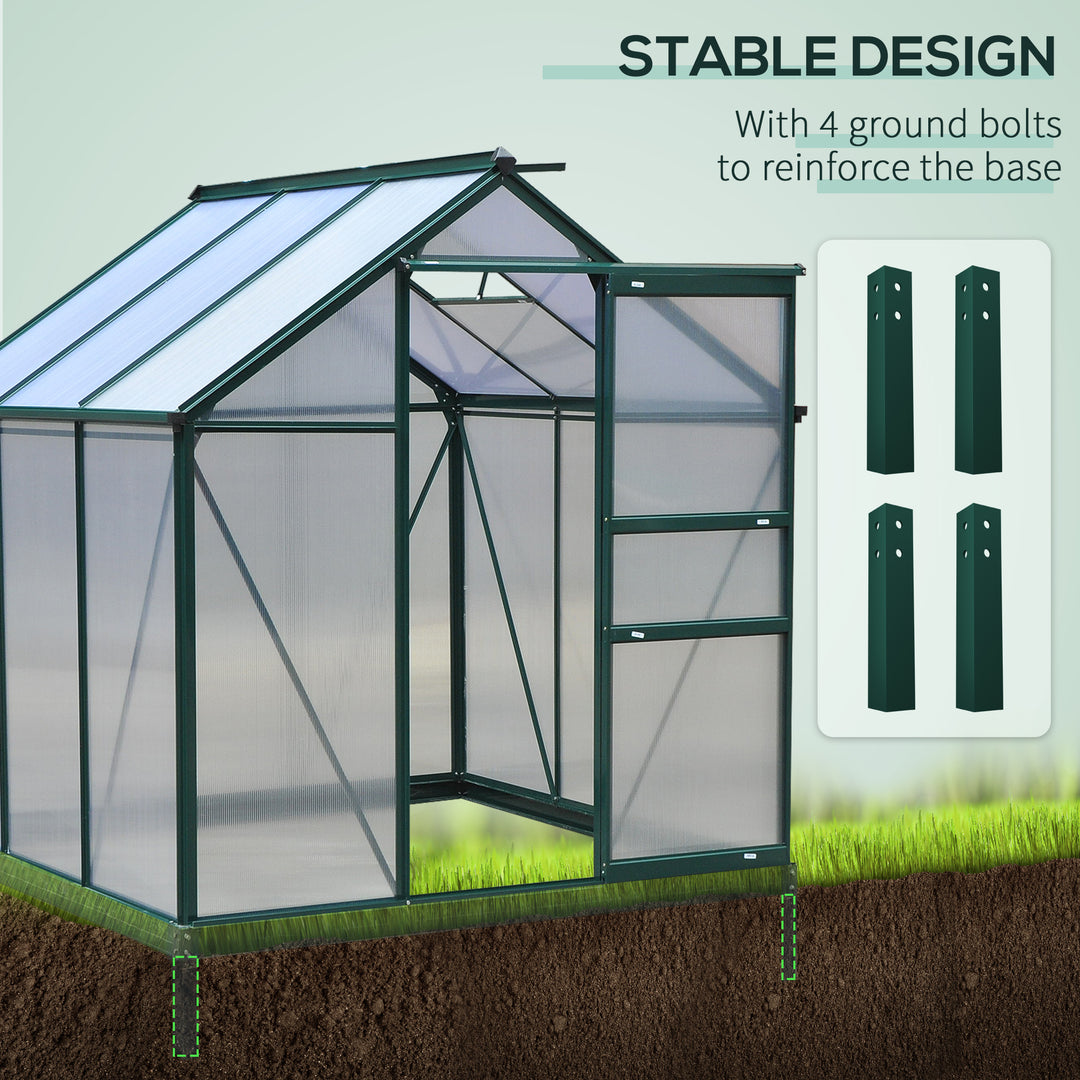 6 x 6ft Polycarbonate Greenhouse, Large Walk-In Green House with Slide Door and Window, Garden Plants Grow House with Aluminium Frame and Foundation, Dark Green
