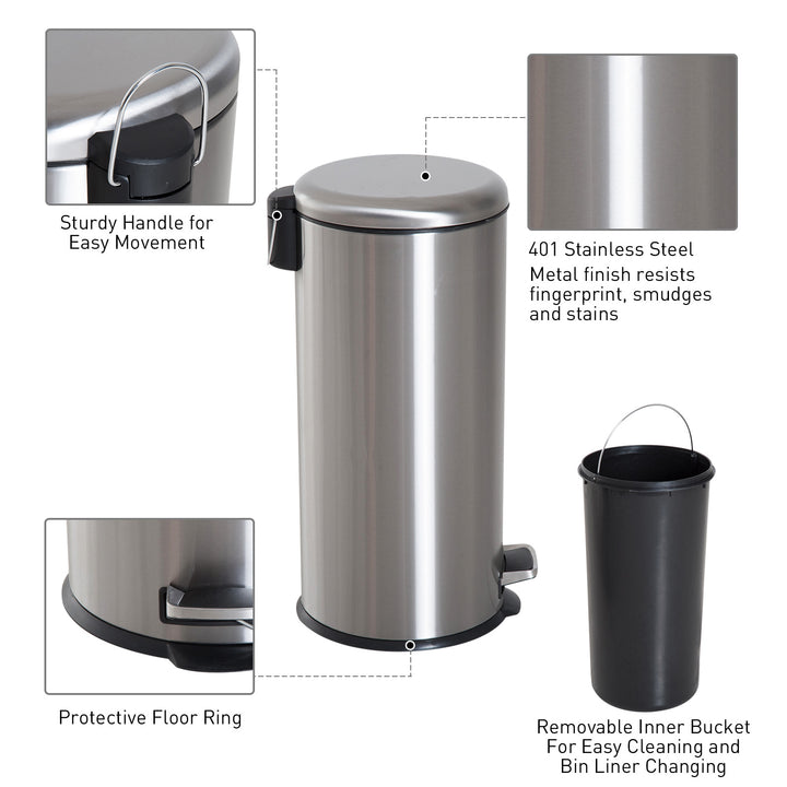 HOMCOM Foot Pedal Bin Stainless Steel Metal Waste Rubbish Lid Kitchen Garbage 30L | Aosom UK