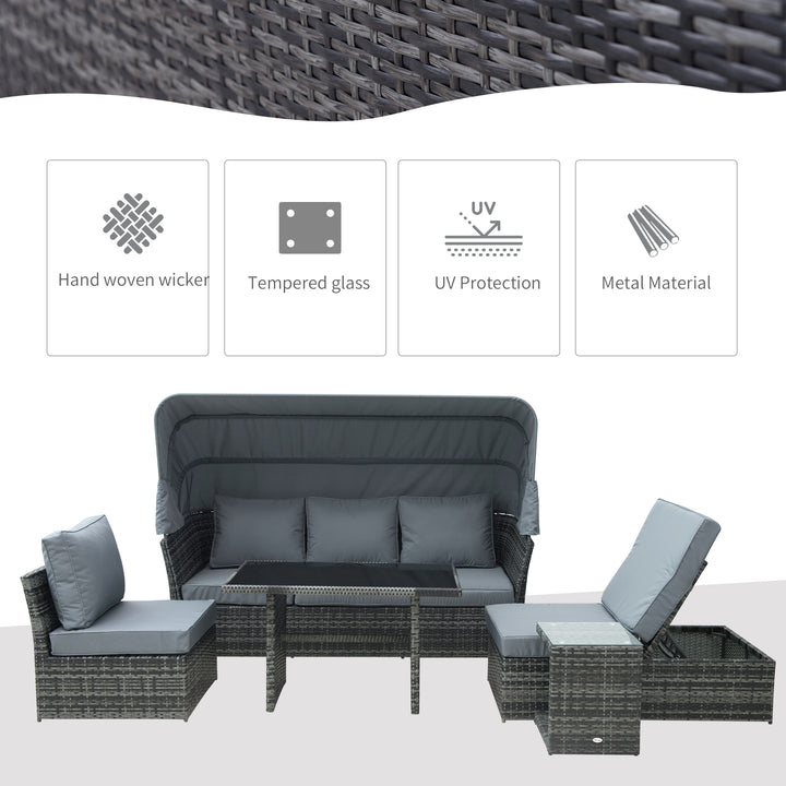 5 PCS Outdoor Rattan Wicker Sofa Sets Reclining Sofa Adjustable Canopy & Side Table Dining Table Set Sectional Conversation Furniture w/ Cushions, Mixed Grey