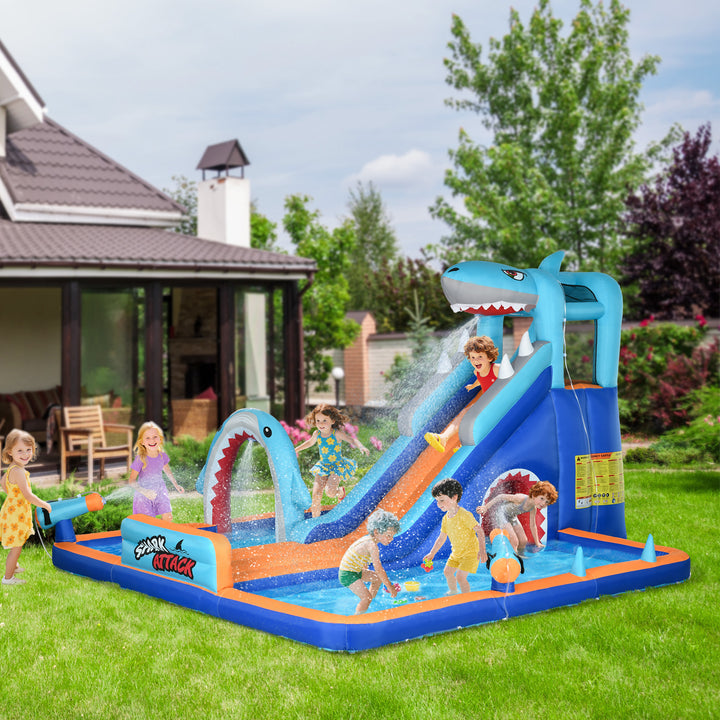6 in 1 Shark-Themed Bouncy Castle, Inflatable Water Park, with Slide, Pool, Trampoline, Blower, for Ages 3-8 Years