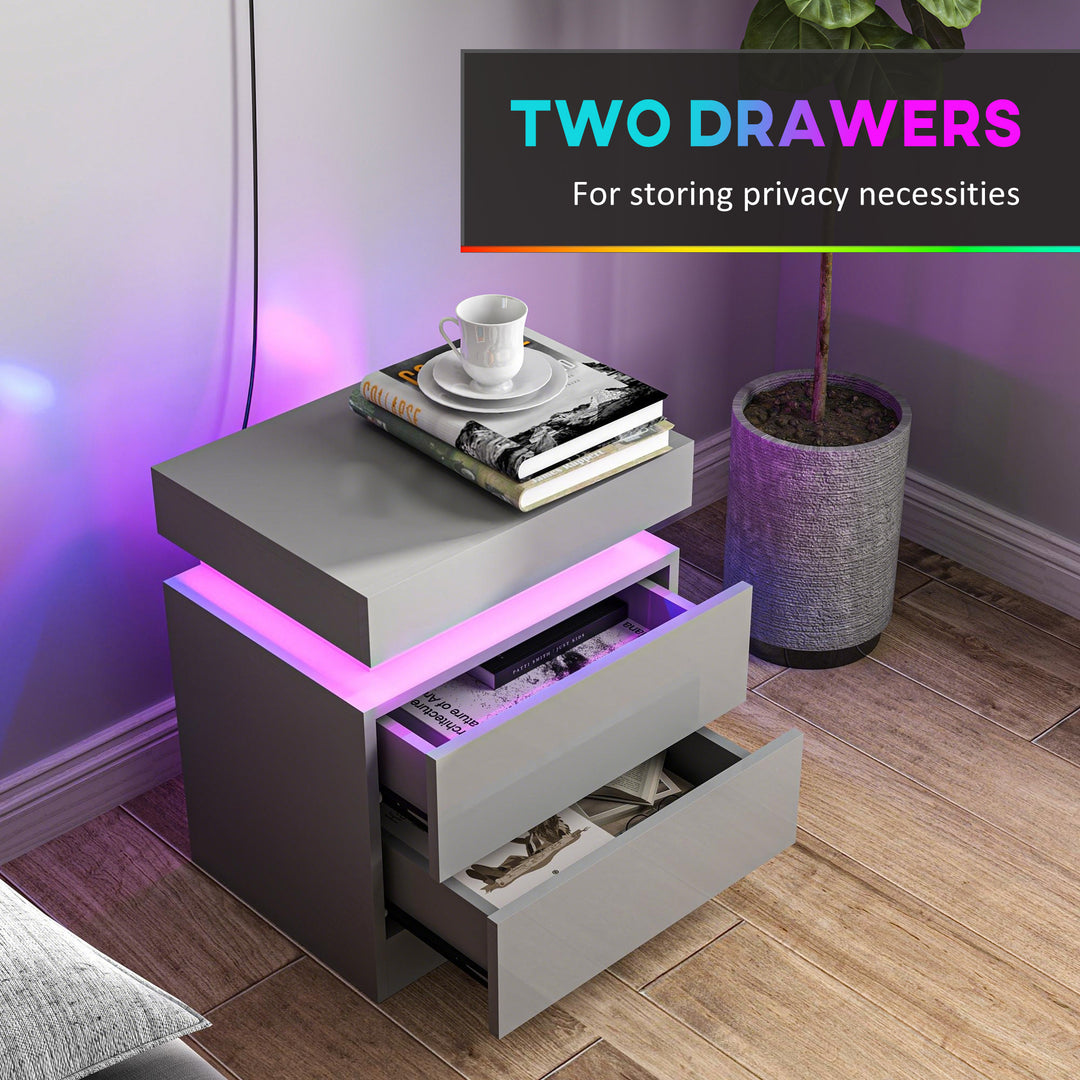 Grey Bedside Table with LED Light, High Gloss Front Nightstand with 2 