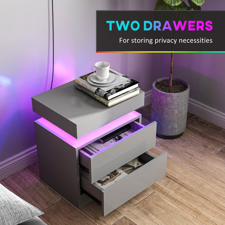 Grey Bedside Table with LED Light, High Gloss Front Nightstand with 2 