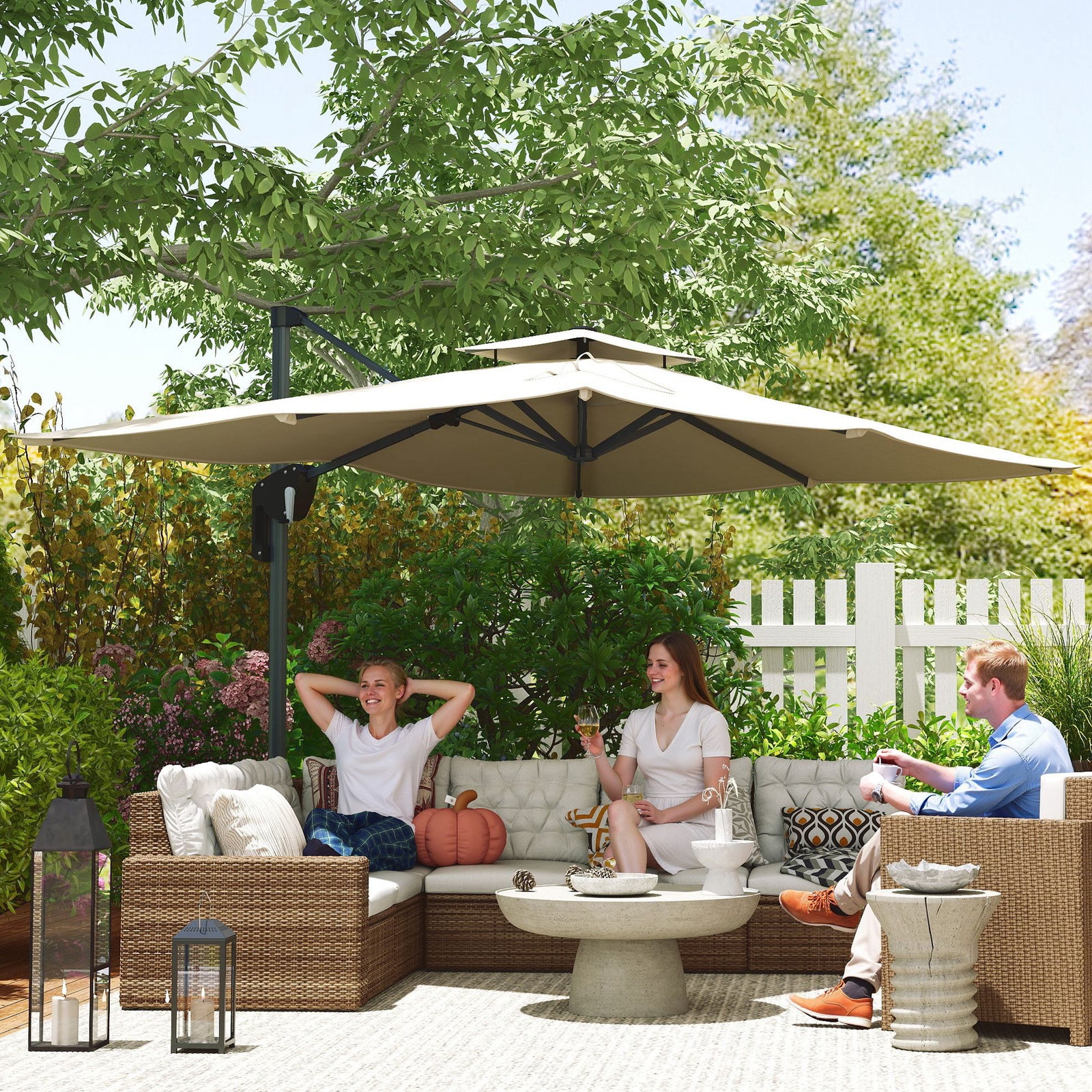 3.7 x 2.7 m Cantilever Parasol w/ 360° Rotation and Easy Tilt Adjustment, Aluminium Hanging Offset Outdoor Umbrella w/ Double Top, Cross Base, UPF50+ Hanging Sun Shade, Grey Wood Effect Pole