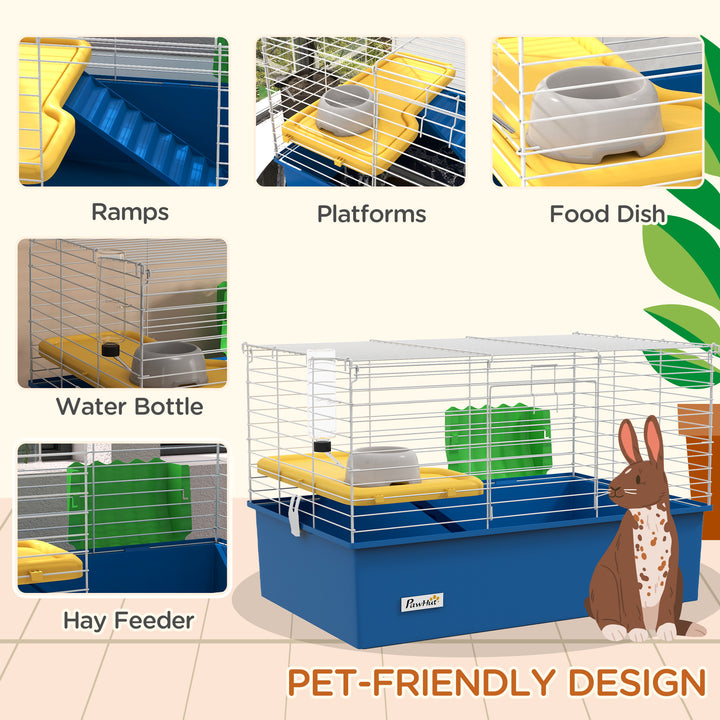 PawHut Chinchillas Small Rabbit Guinea Pig Small Animal Cage, Pet Playhouse, with Platform, Ramp, 71 x 46 x 47cm, Blue | Aosom UK