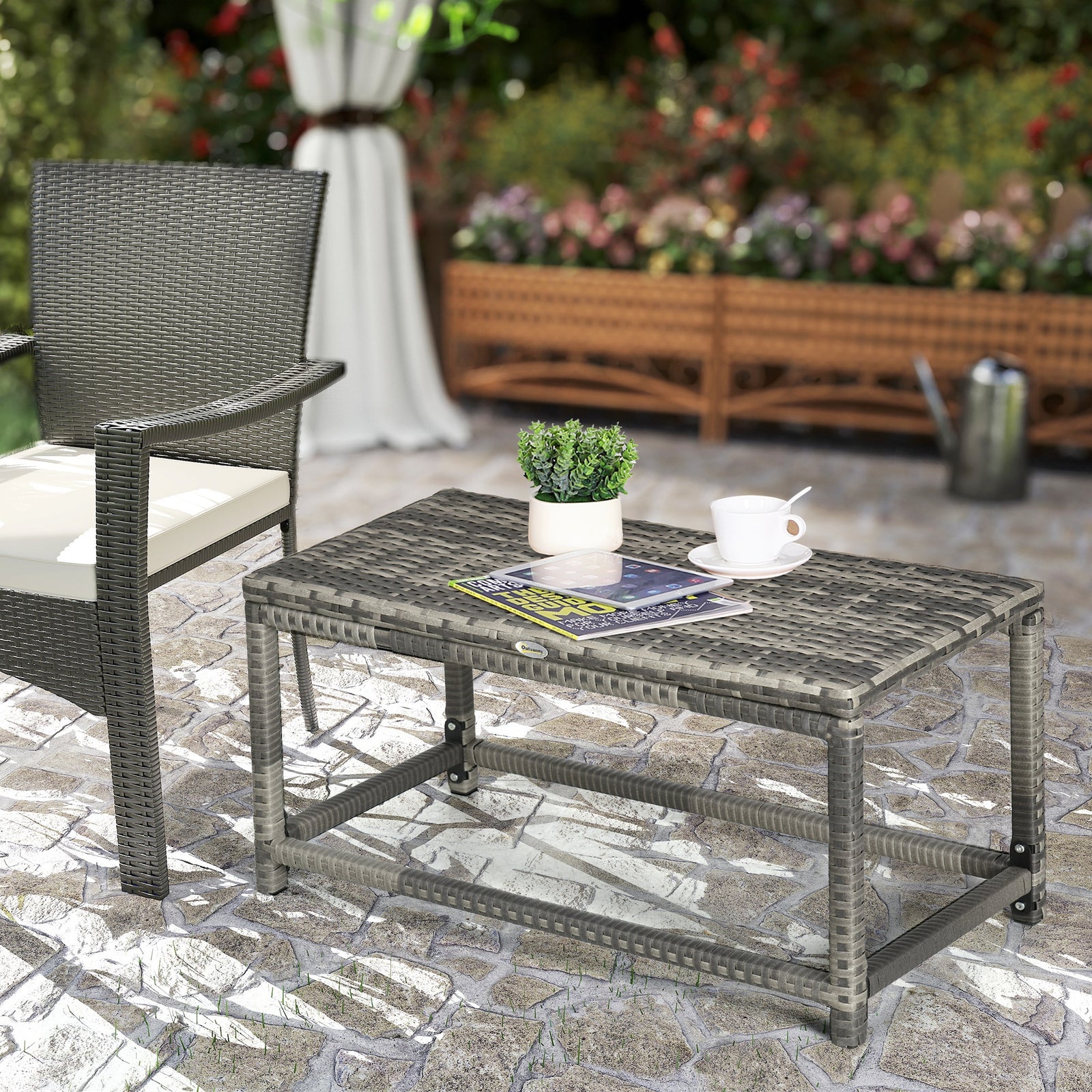 Outdoor Coffee Table, Garden PE Rattan Side Table with Plastic Board Under the Full Woven Table Top and Rectangular Frame for Patio, Balcony, Mixed Grey