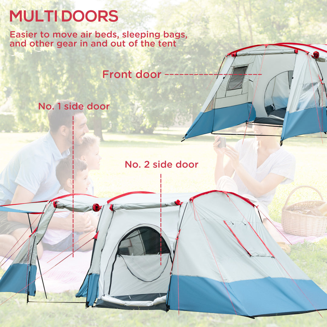 6-8 Person Tunnel Tent, Camping Tent with Bedroom, Living Room, Sewn-in Floor, 3 Doors and Carry Bag, 2000mm Water Column for Fishing, Hiking, Sports, and Traveling, Blue
