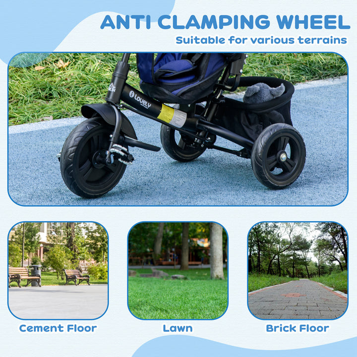 6 in 1 Kids Trike Push Bike with Push Handle, Canopy, 5-point Safety Belt, Storage, Footrest, Brake, for 1-5 Years, Dark Blue