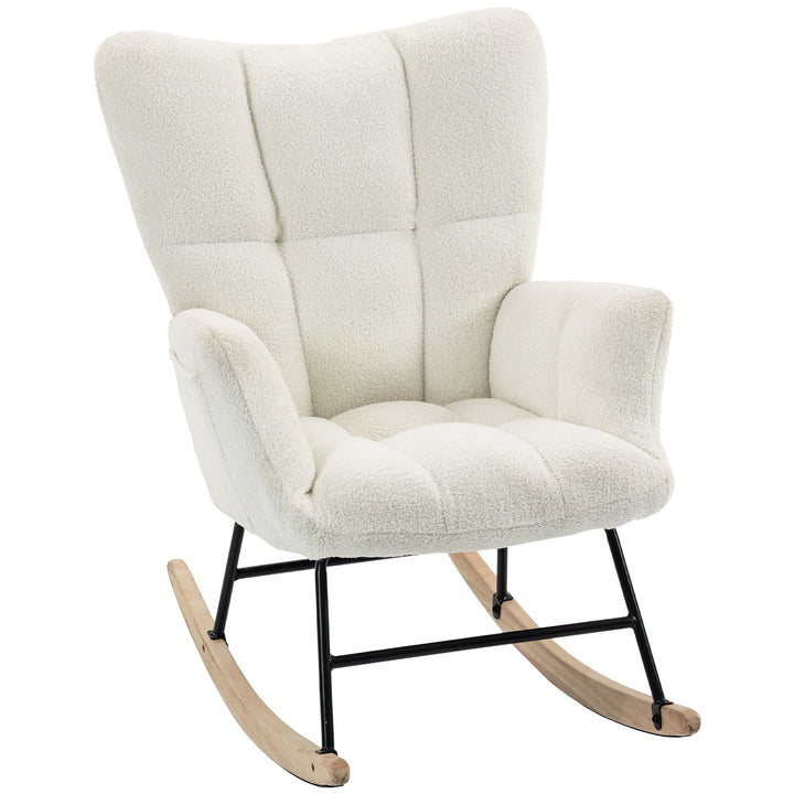 Rocking Chair, Teddy Fleece Rocker Chair with Tufted Wingback, Side Po
