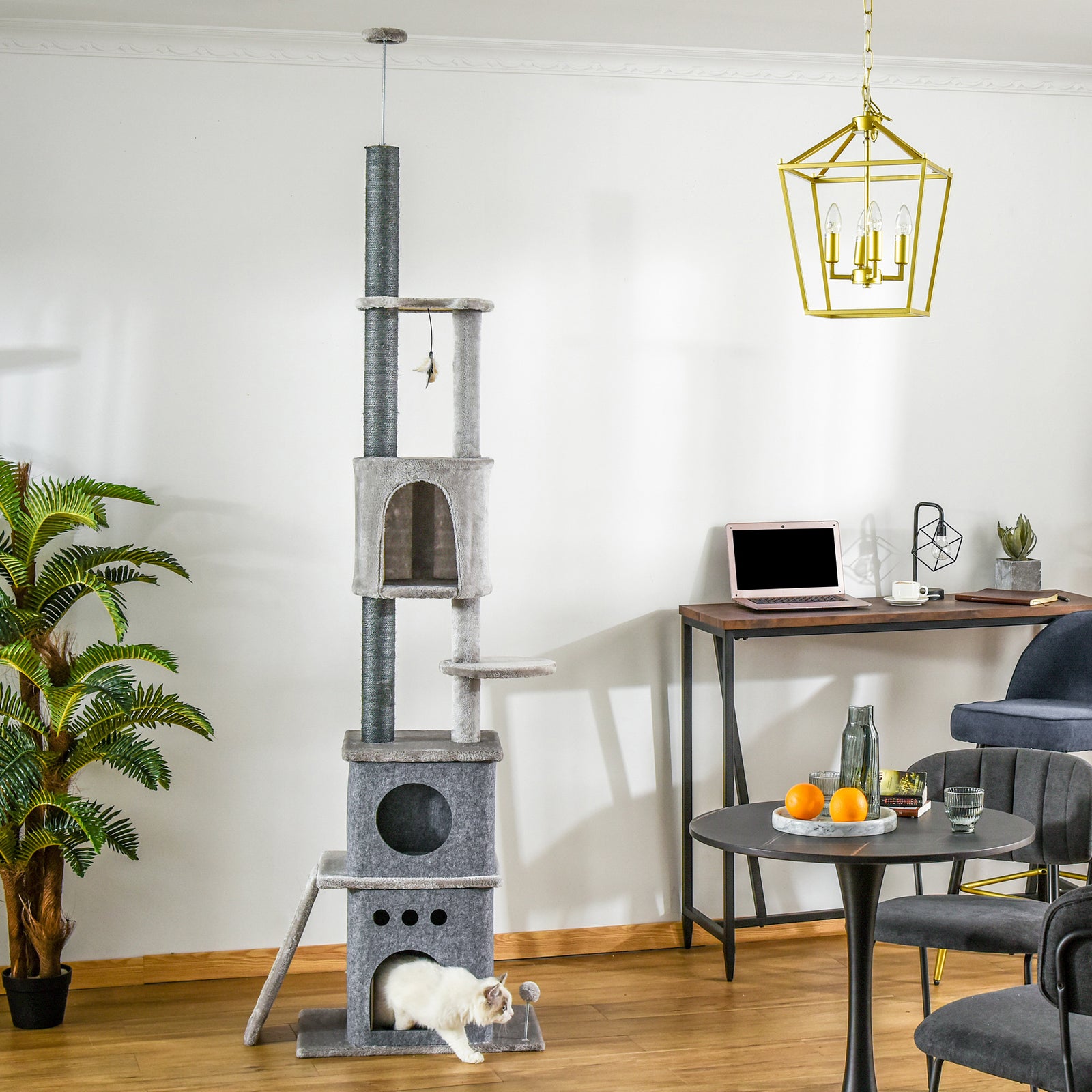 255cm Floor To Ceiling Cat Tree for Indoor Cats Climber Scratching Post Adjustable Height Play Tower Removable Cover Grey
