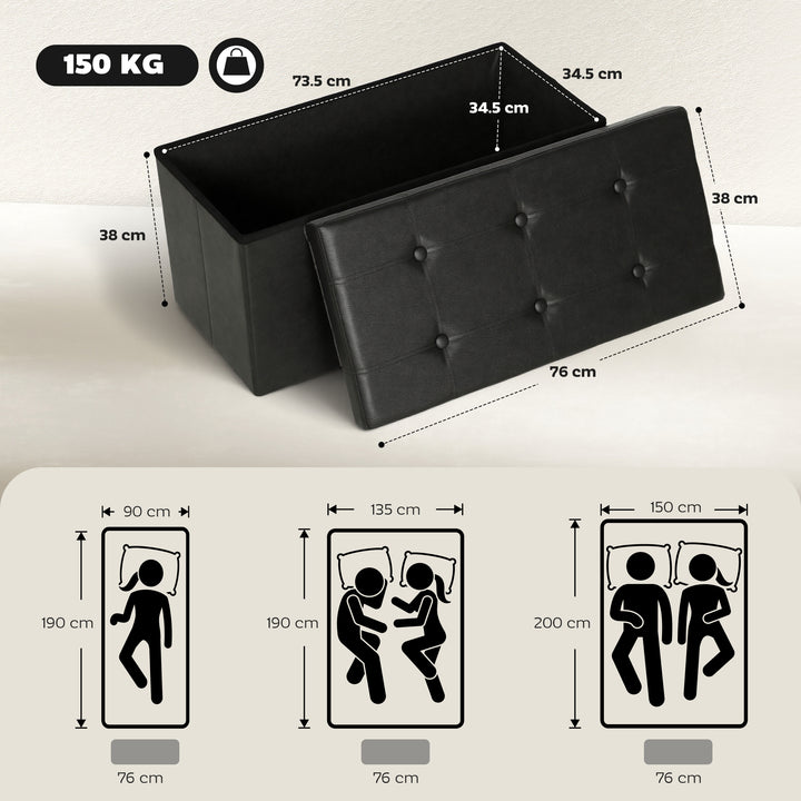 MCL Storage Ottoman Bench, 89L PU Leather Folding Foot Rest Stool, End of Bed Bench, Easy Assembly, for Living Room, Bedroom, Entryway, Black