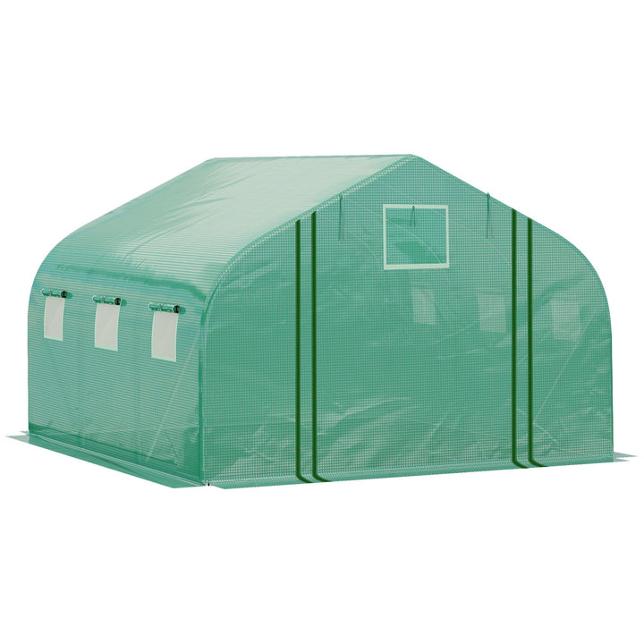 Outsunny 4.47 x 3 x 2m Walk-in Tunnel Greenhouse, Portable Polytunnel Tent, Plant Hot House w/ PE Cover, Zippered Roll Up Door & 6 Windows | Aosom UK