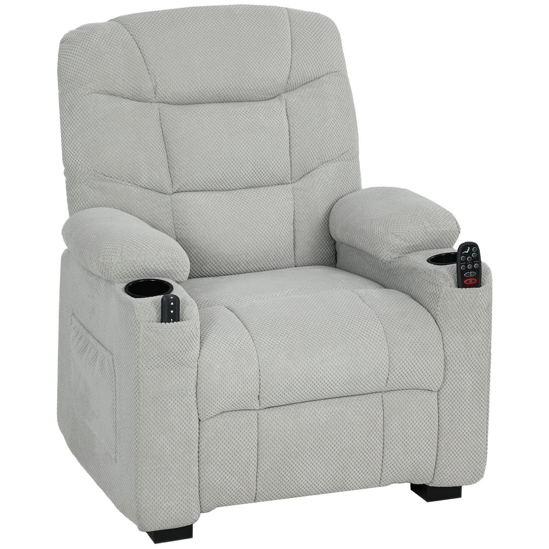Electric Massage Recliner Armchair with Vibration, Heat, Whisper-Quiet Motor, Memory Function, Fleece Power Reclining Chair with Spring Pack, USB Port, Footrest, Side Pocket, Cup Holders