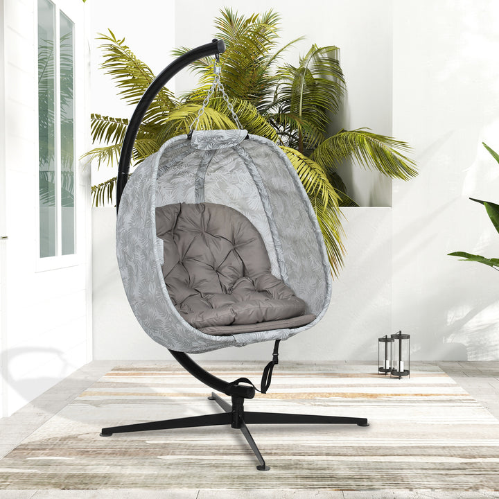 Hanging Egg Chair Outdoor Indoor Garden Swing Chair with Folding Basket, Garden Hanging Chair with Stand, Thickened Cushion, Cup Holder for Patio, Balcony, Sand Brown