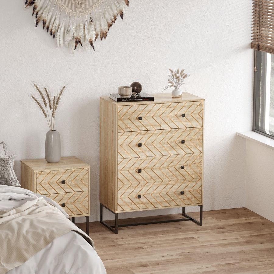 5 Drawer Chest Sideboard Cabinet Storage Unit Bedroom Home Unique Zigzag Design w/ Black Metal Handles Anti Tip & Top