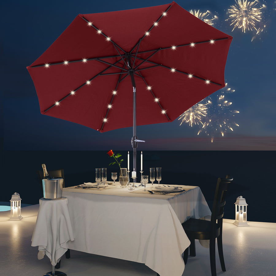 Φ2.7m Garden 24 LED Light Parasol Solar Outdoor Tilt Sun Umbrella Patio Club Party Event Manual Sun Shade w/ Hand Crank and 8 Ribs, Red