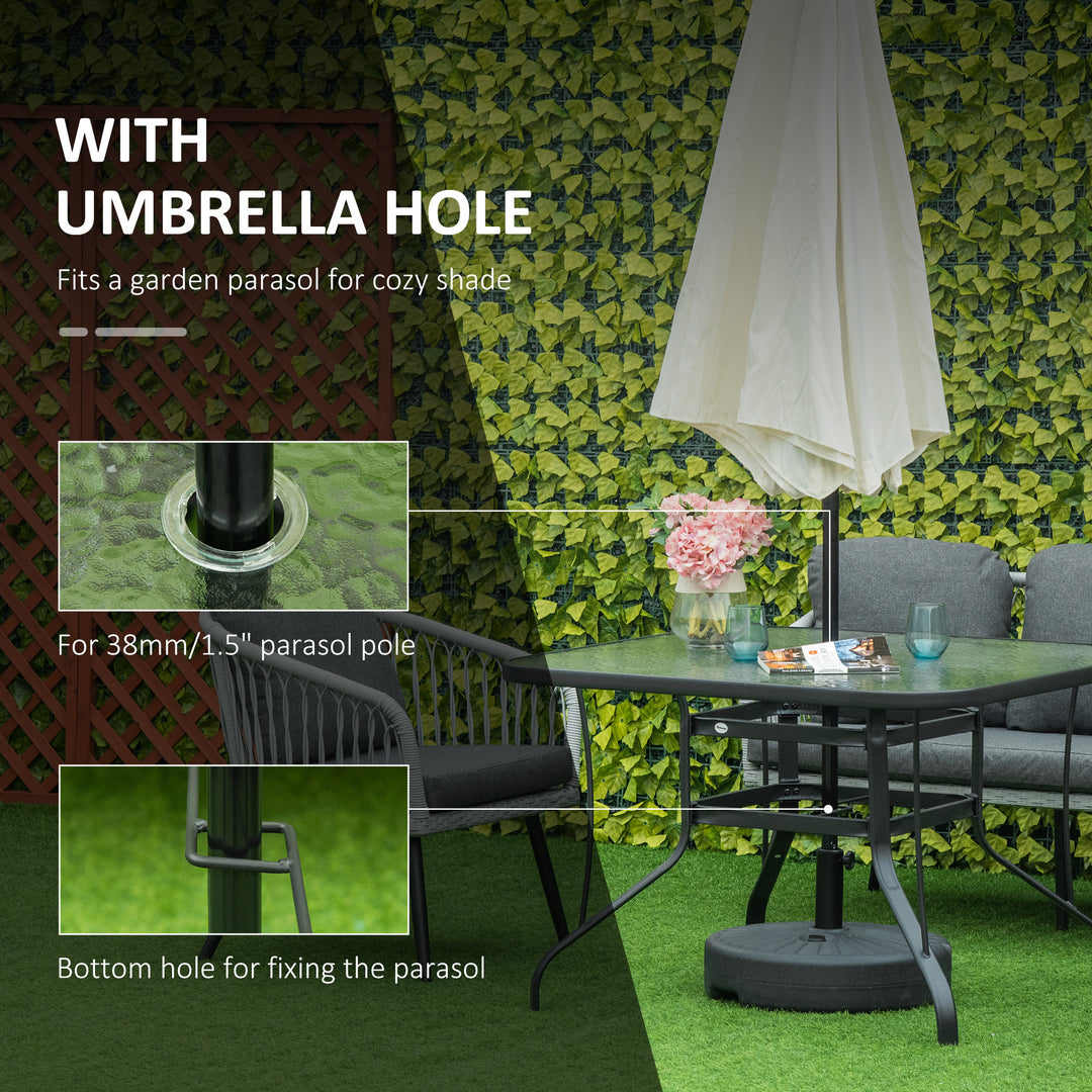 Square Outdoor Garden Dining Table with Parasol Hole, Tempered Glass Top, Steel Frame for Garden, Lawn, Patio, Black
