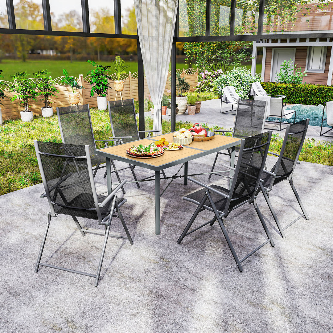 Garden Table for 6, 150 cm Rectangular Outdoor Dining Table with 5 cm Umbrella Hole, Wood Effect Top, Rust Resistant Frame, for Patio, Balcony, Terrace, Natural Wood Finish