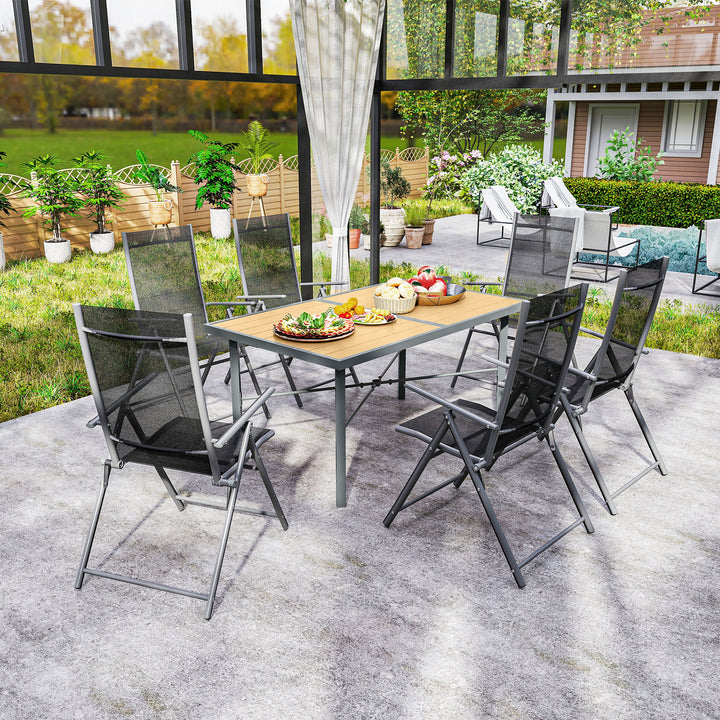 Garden Table for 6, 150 cm Rectangular Outdoor Dining Table with 5 cm Umbrella Hole, Wood Effect Top, Rust Resistant Frame, for Patio, Balcony, Terrace, Natural Wood Finish