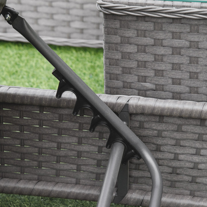 3 Pieces Rattan Sun Lounger Set with Aluminium Frame, 5-Position Adjustable Reclining Garden Chairs and Glass Top Table, Wicker Garden Furniture Daybed with Cushions for Patio, Grey