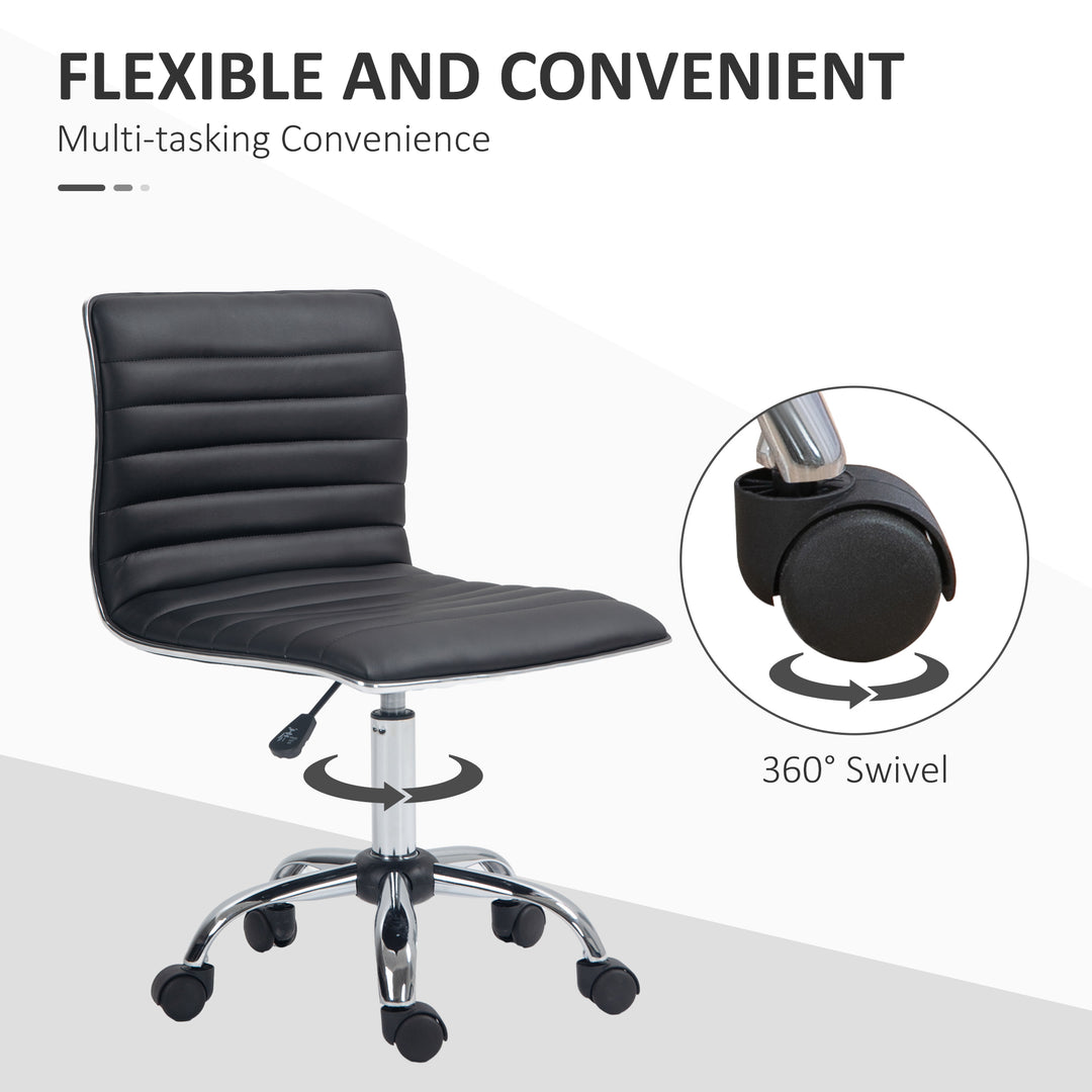 Armless Task Desk Chair, Swivel Office Chair with Faux Leather, Adjustable Seat Height, Chrome Base, Wheels for Home, Black