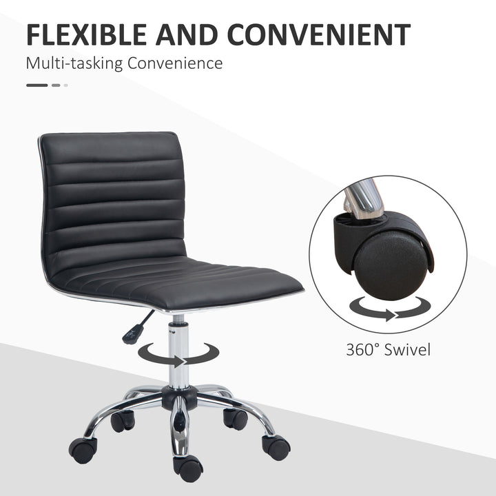 Armless Task Desk Chair, Swivel Office Chair with Faux Leather, Adjustable Seat Height, Chrome Base, Wheels for Home, Black