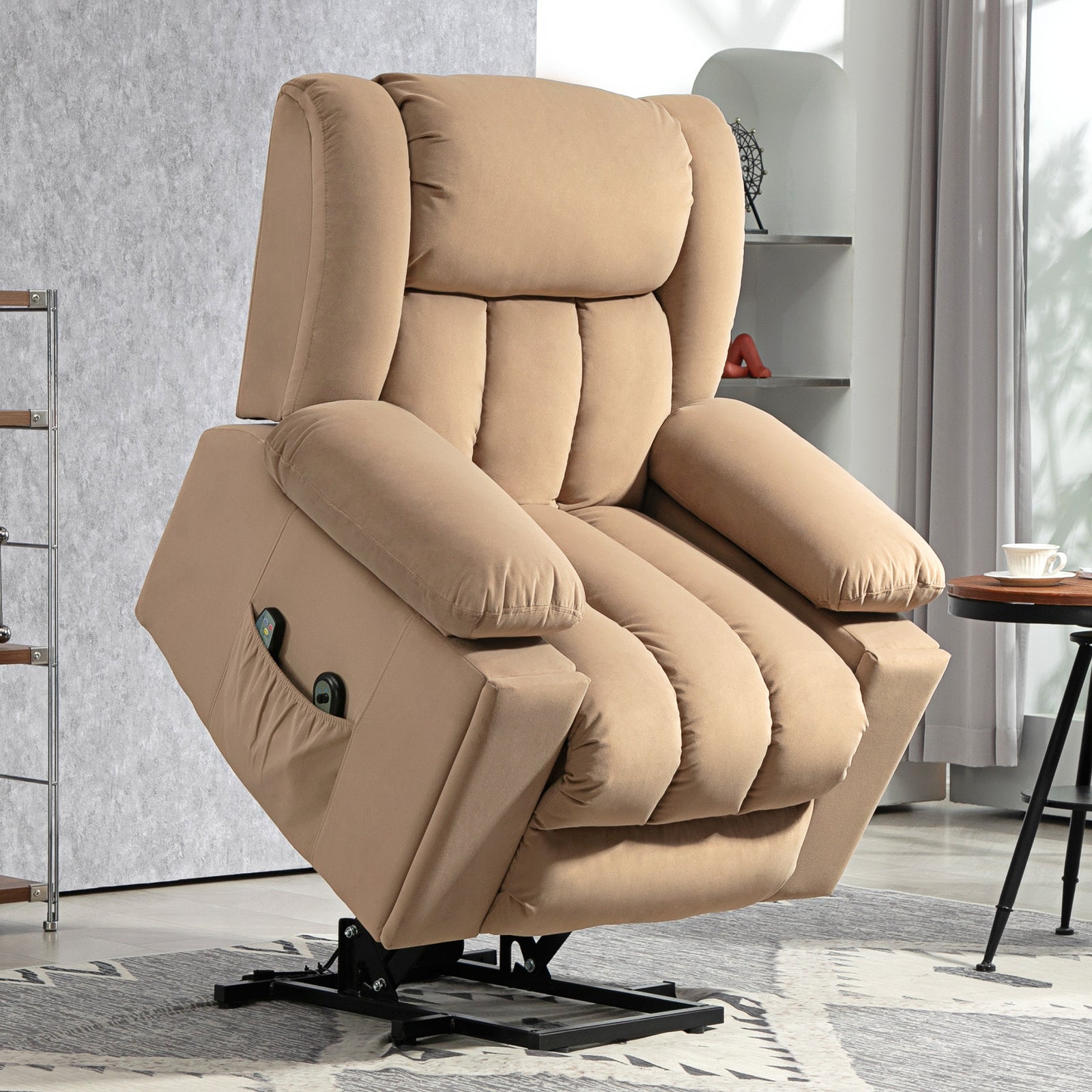Velvet-Feel Electric Riser, Recliner and Massage Armchair - Light Brown