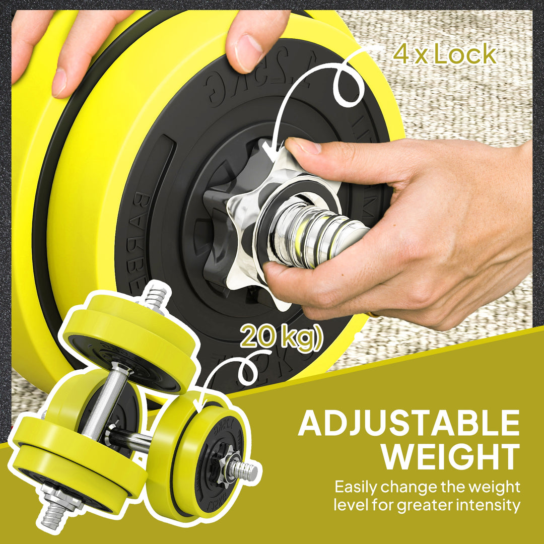 20KGS 2-In-1 Dumbbell & Barbell Adjustable Set Strength Muscle Exercise Fitness Plate Bar Clamp Rod Home Gym Sports Area, Yellow