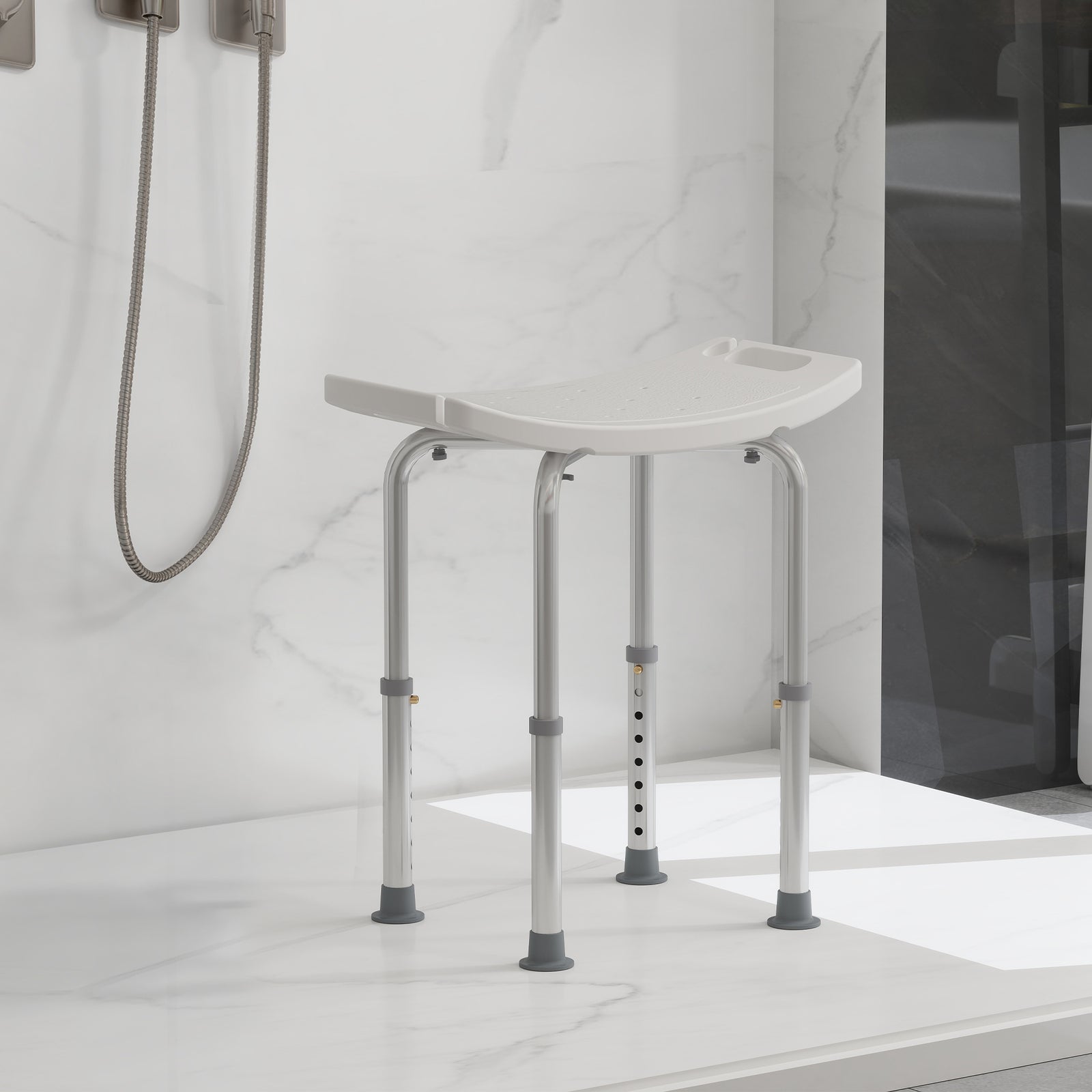 Height Adjustable Bath Stool, Aluminium Shower Stool with Non-Slip Pads for Elderly, Disabled, Seniors, Pregnant, White