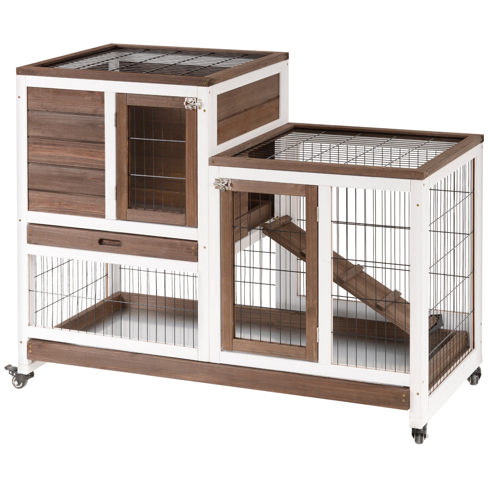 Two-Tier Rabbit Hutch Pet Cage, with Wheels - Brown