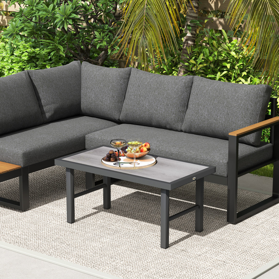 Metal Garden Coffee Table, Outdoor Side Table with SPC Woodgrain Tabletop for Outside, Garden, Balcony, Porch, 100 x 53 x 46cm, Grey Wood Effect