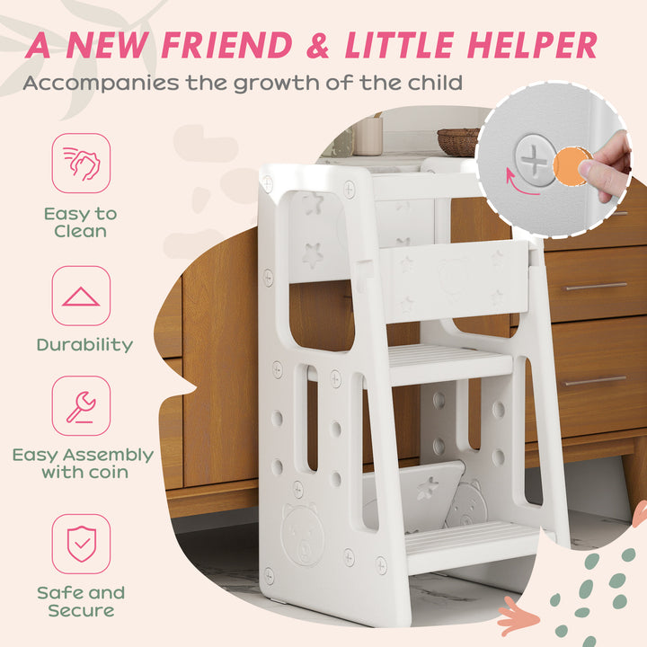 Kids Step Stool, Adjustable Standing Platform, Toddler Kitchen Stool, White