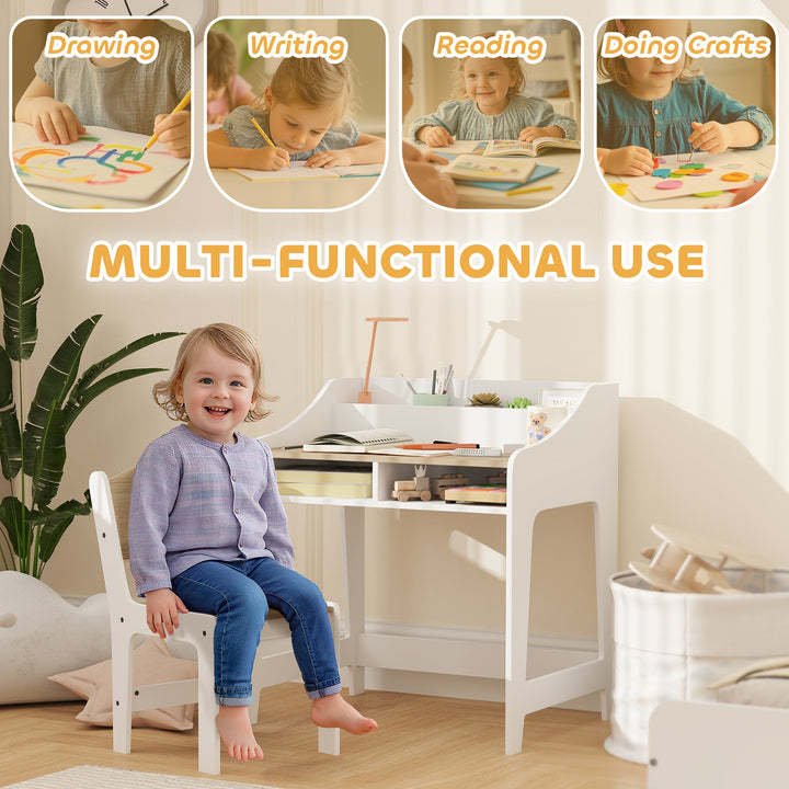 Kids Desk and Chair Set, Children Study Table with Storage and Shelves
