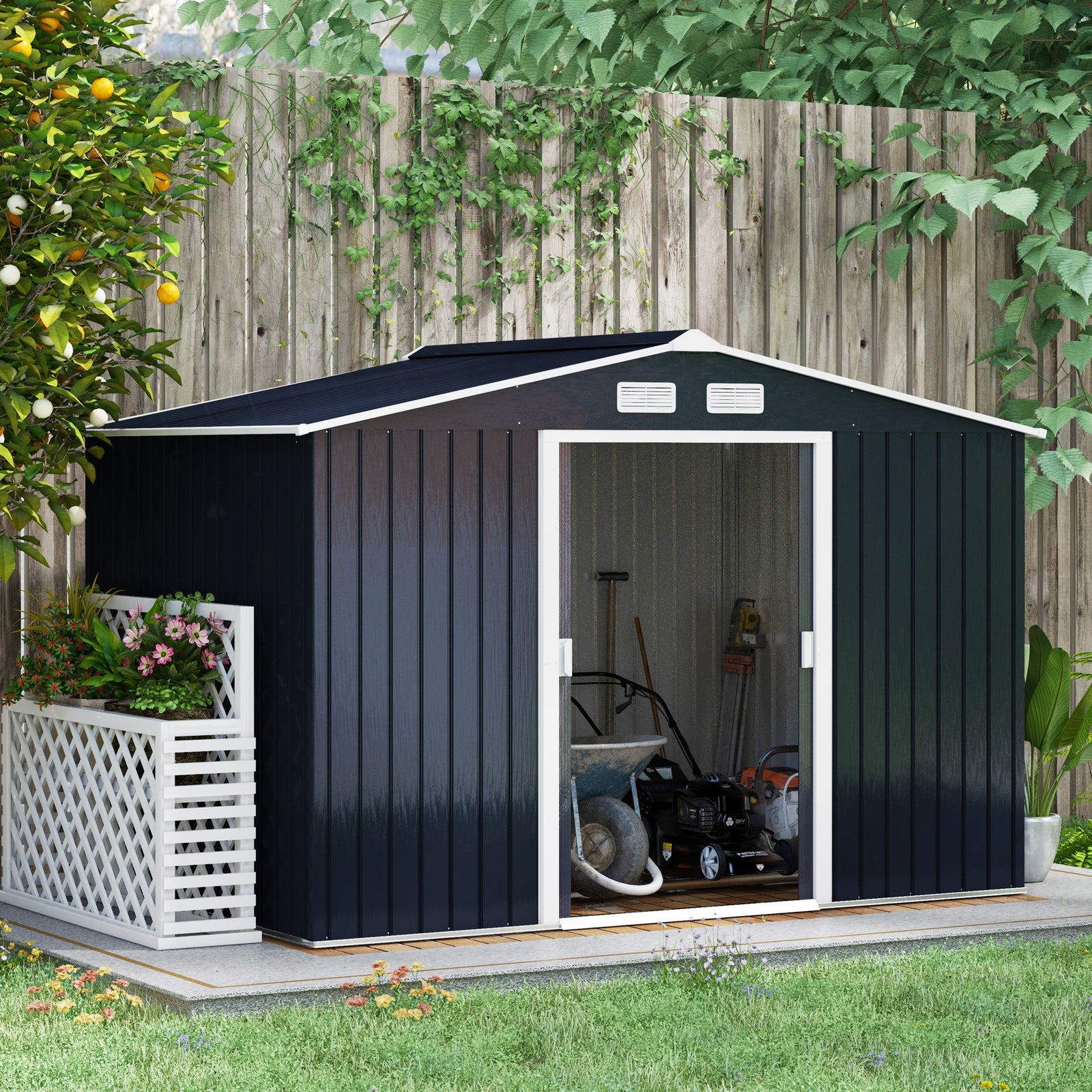 9 x 6ft Metal Bicycle Shed, Outdoor Storage Tool House with Ventilation Slots, Foundation Kit and Lockable Double Doors, Dark Grey