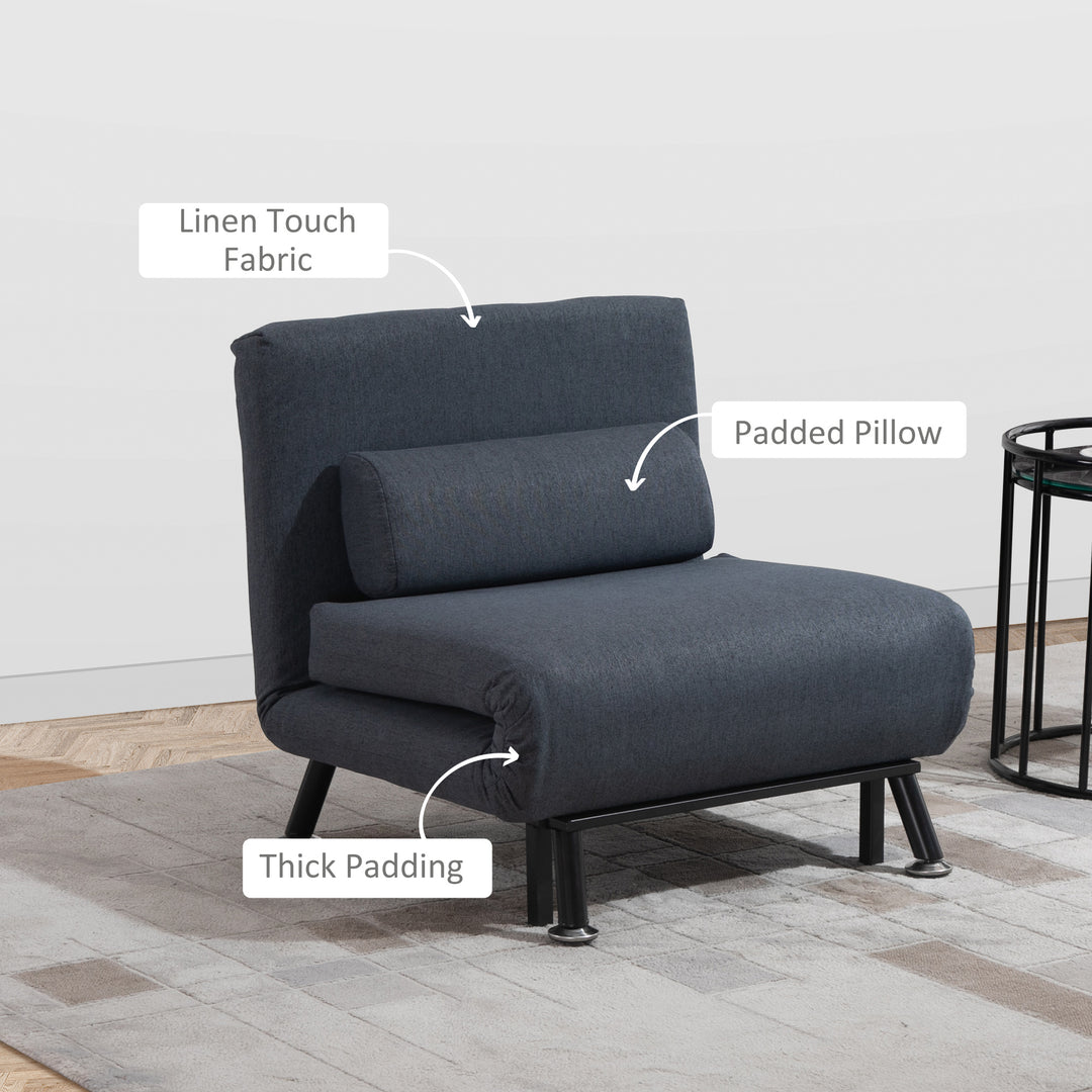 Linen Chair Bed, 3-in-1 Convertible Sleeper Chair with Adjustable Backrest, Pillow, for Living Room, Bedroom, Dark Grey
