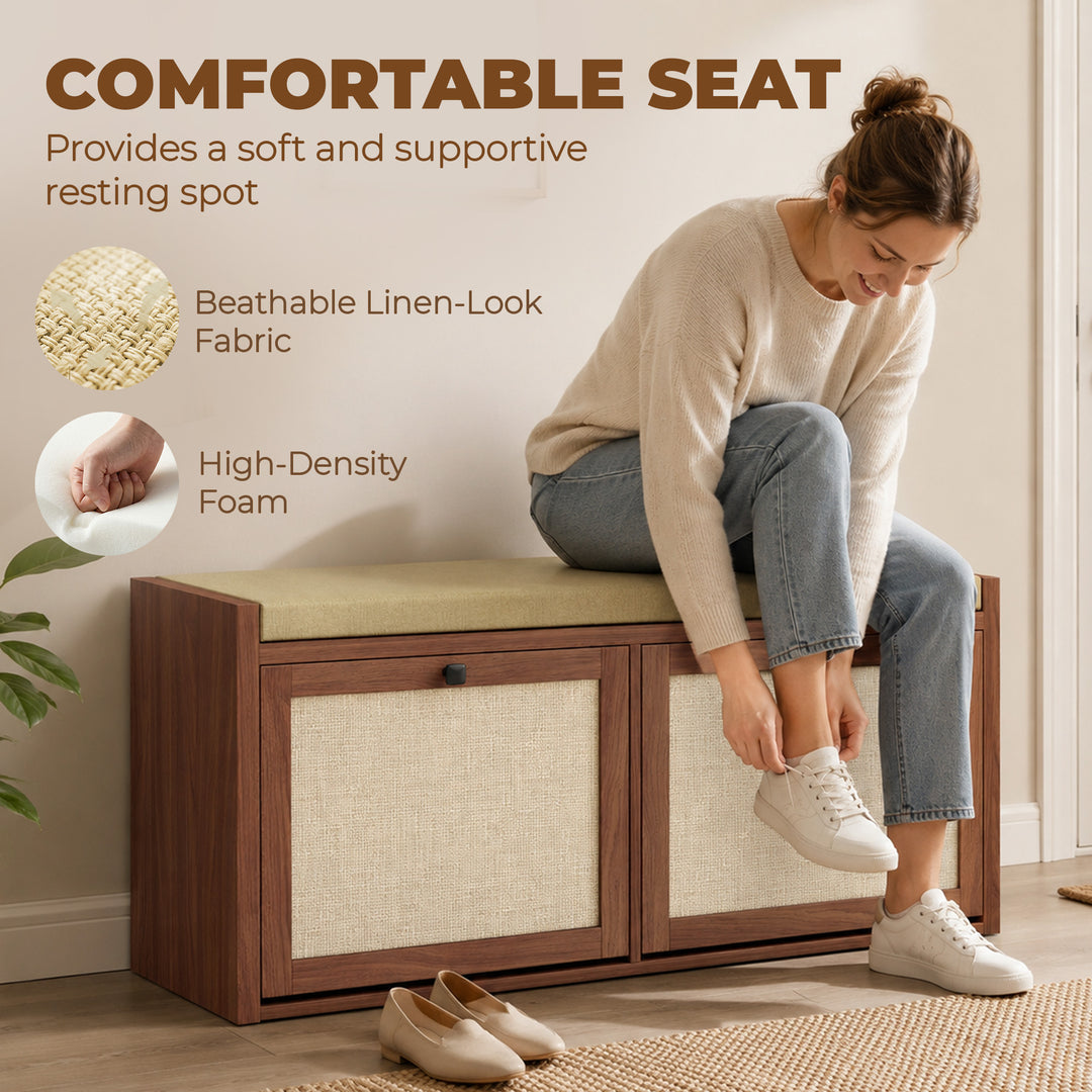 Rattan Shoe Bench with Padded Cushion and 2 Cabinets for Hidden Storag
