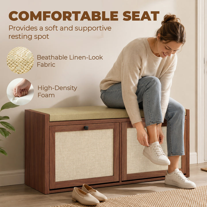 Rattan Shoe Bench with Padded Cushion and 2 Cabinets for Hidden Storag