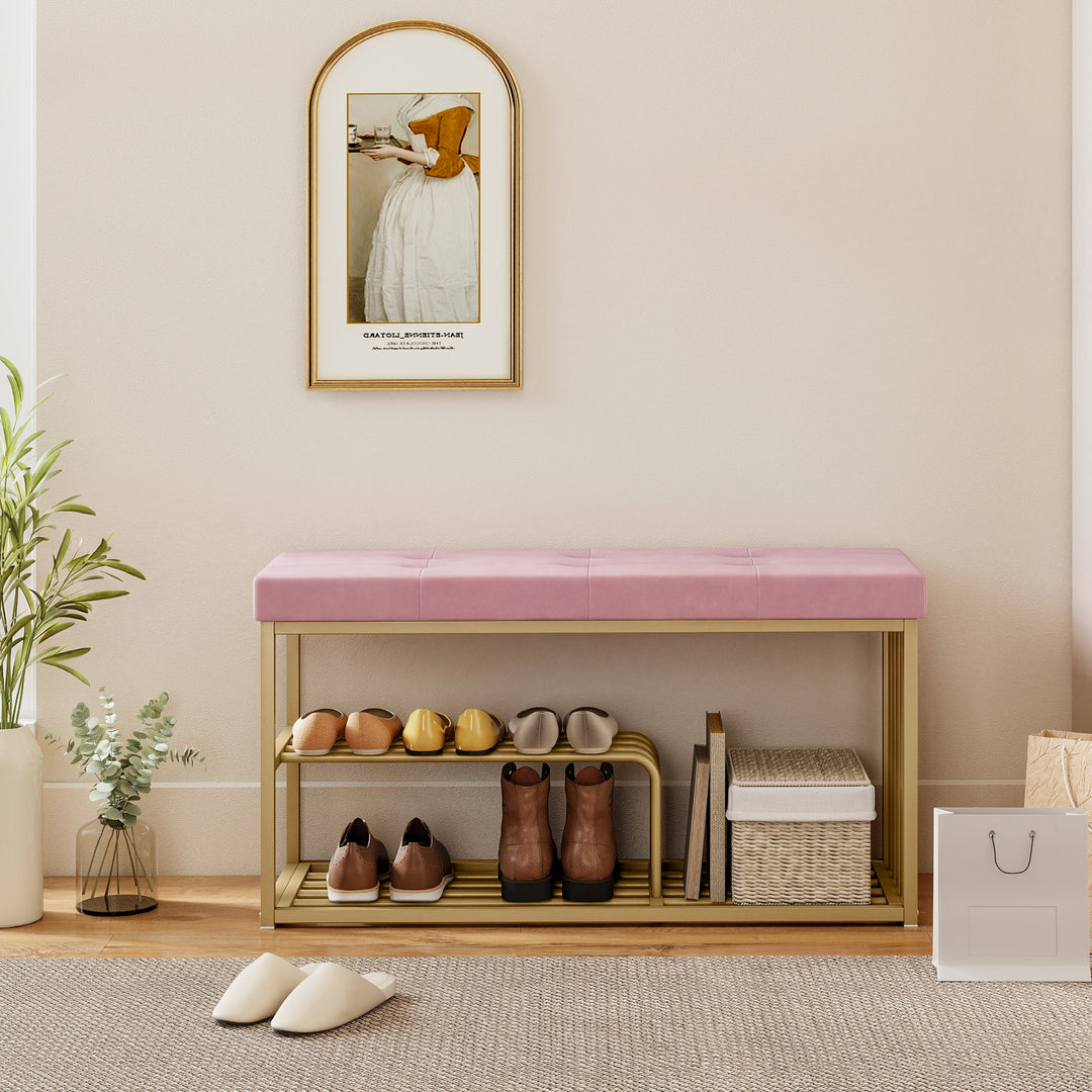 Bench and Shoe Storage, Tufted Shoe Storage Bench with Velvet Seat Cus