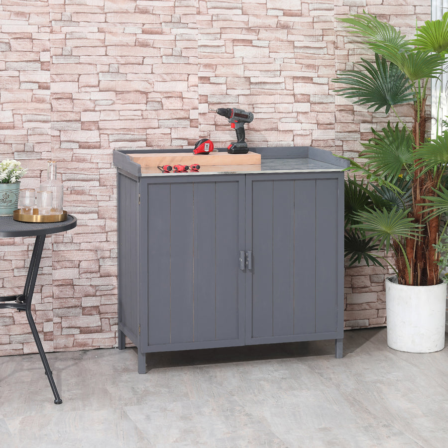 Garden Storage Cabinet, Outdoor Tool Shed, Potting Bench Table with Galvanized Top and Two Shelves for Yard Tools or Pool Accessories, Grey